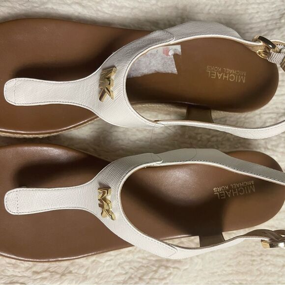 MICHAEL KORS LEATHER WHITE ESPADRILLE WEDGES THONGS SANDALS GOLD MK LOGO SZ9.5M - Picture 9 of 10